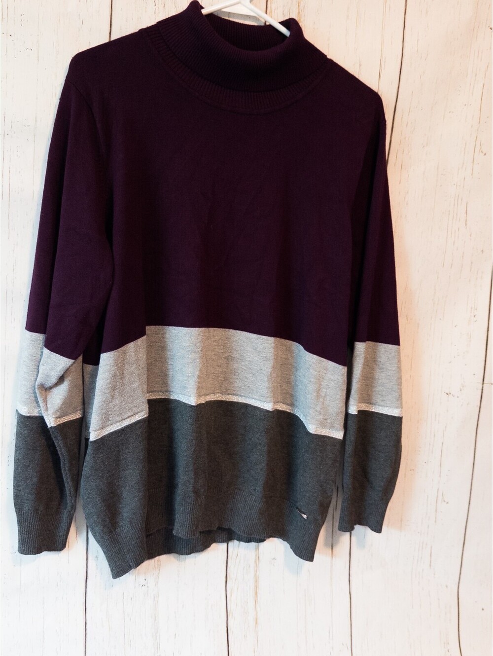 Calvin Klein Womens 1X Colorblock Turtleneck Sweater Burgundy Gray Metallic Knit